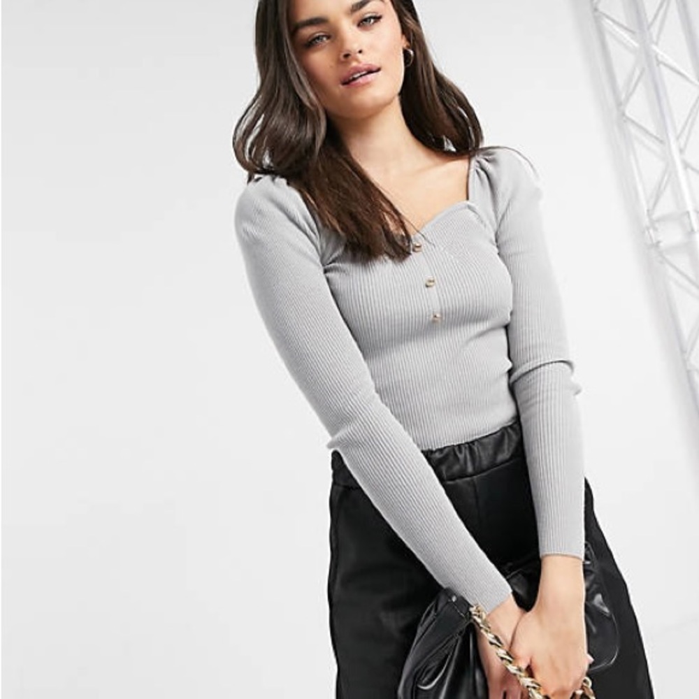 River Island Grey Gray Long Sleeve Sweetheart Body Fit Knit Top Size UK10 US 8